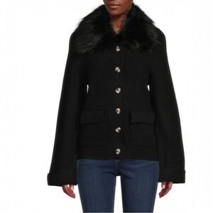 Saks Fifth Avenue Black Ribbed Faux Fur Trim Cardigan Size Medium